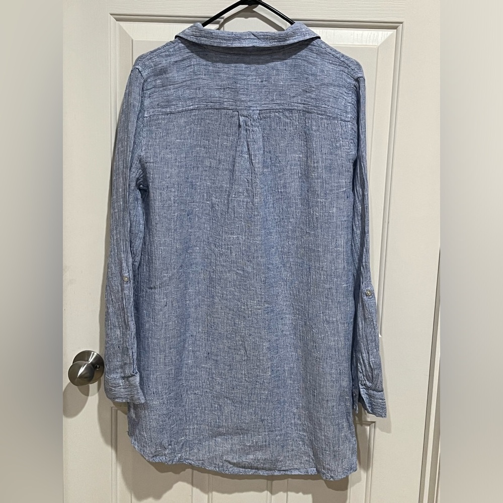 Casual Light Blue Button-Up LINEN TUNIC SHIRT BY TAHARI, WOMENS SIZE M - Picture 4 of 9